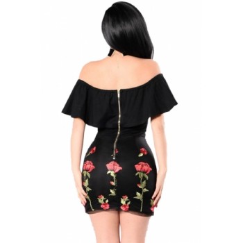 Ruffle Off Shoulder Floral Embroidered Little Black Dress